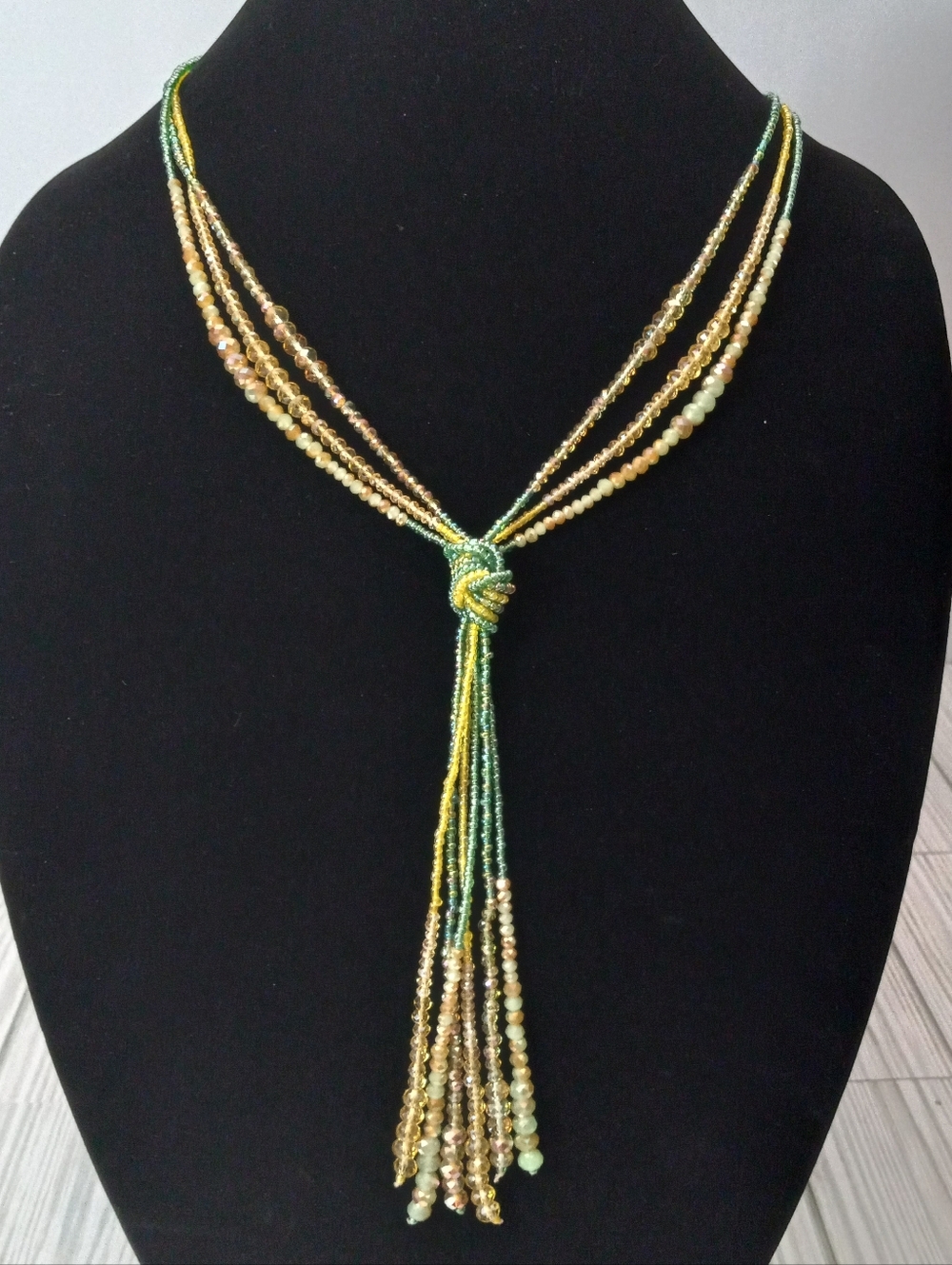 Vintage Multi-strand Beaded Yellow and Green Long Knotted Tassel Necklace